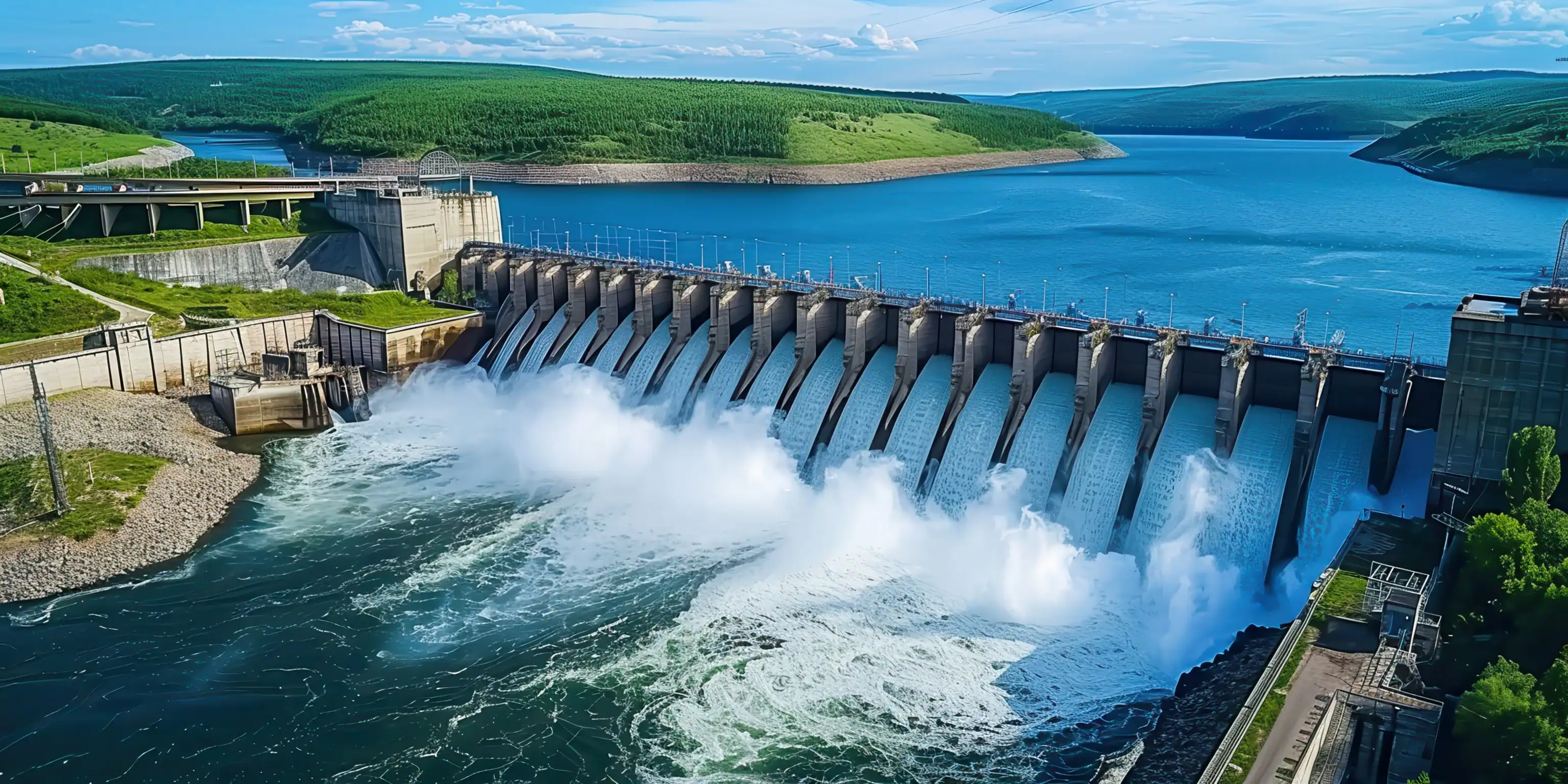 Scenic view of a hydroelectric dam with water flowing over spillways, surrounded by lush green hills and a blue sky, showcasing renewable energy infrastructure.
