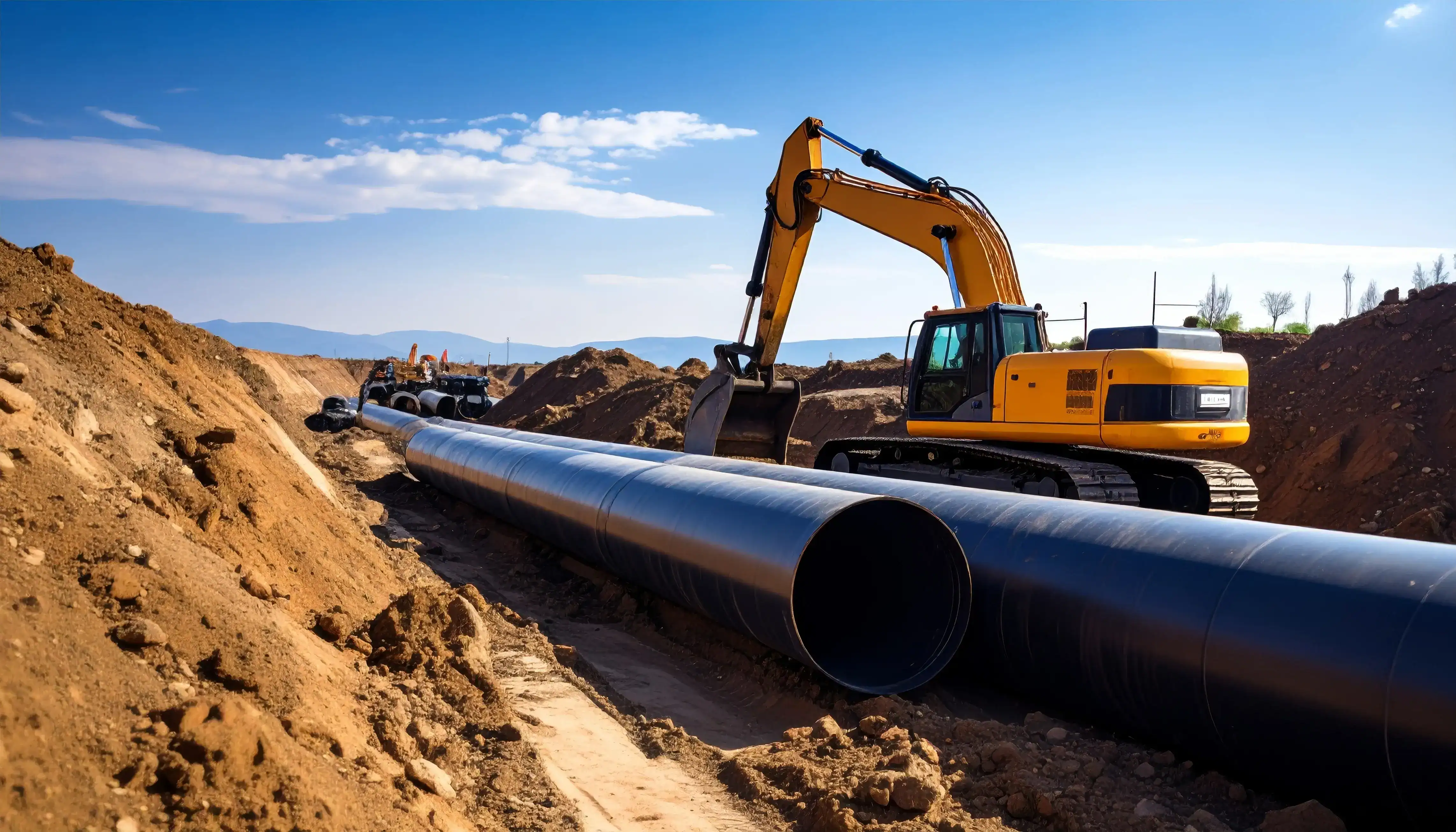 Heavy construction equipment installing large black pipeline in a dirt trench during daytime with clear sky.