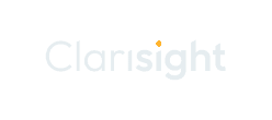 The image shows the word Clarisight in a modern sans-serif font with a small orange dot above the letter i on a black background. Clarisight.com
