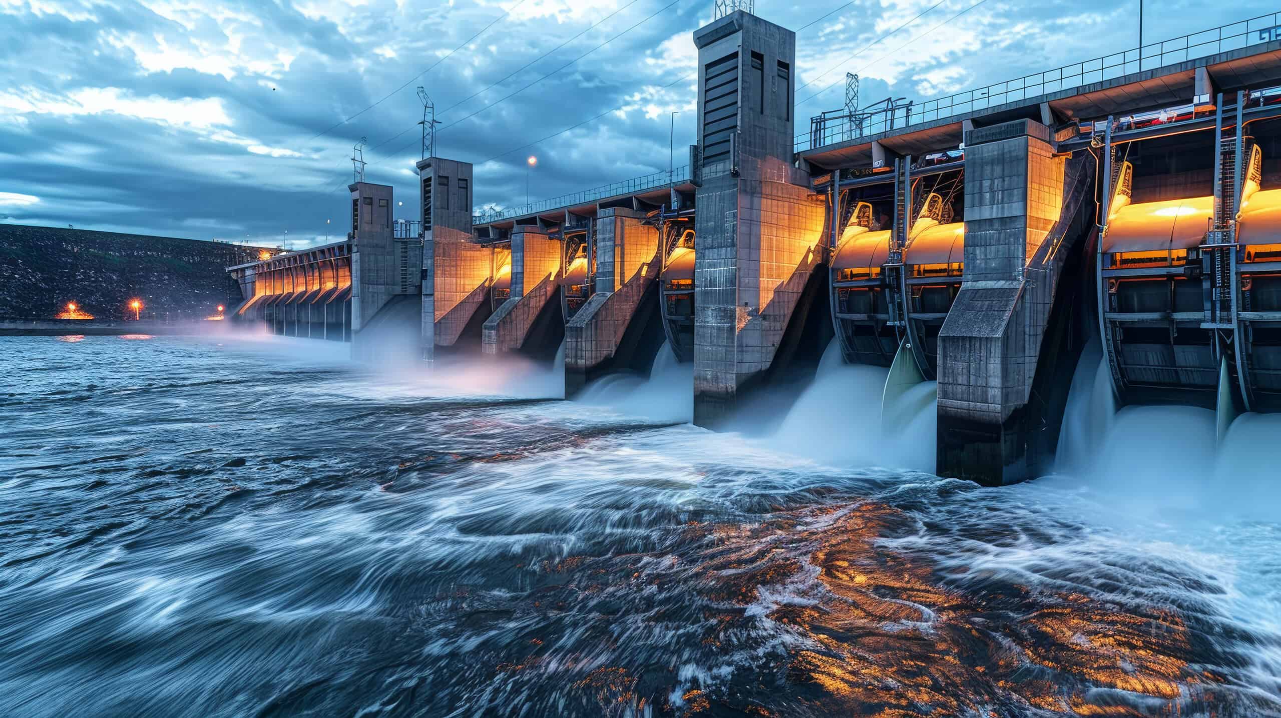 Hydropower dam releasing water at sunset, showcasing renewable energy infrastructure and water management.