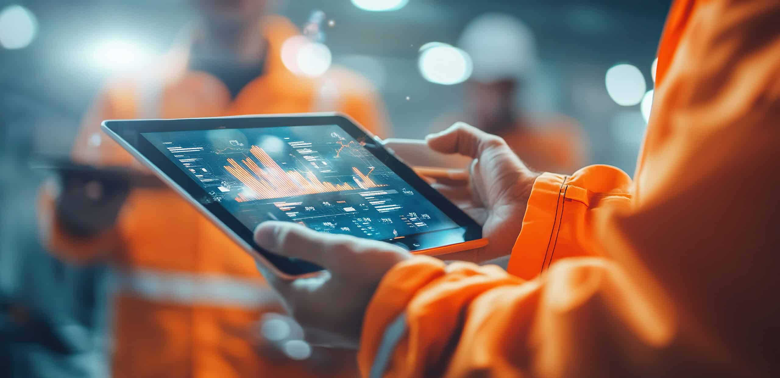 Person in an orange safety jacket holds a tablet displaying data charts and graphs, with other workers wearing similar attire blurred in the background, suggesting an industrial or construction setting. Clarisight.com