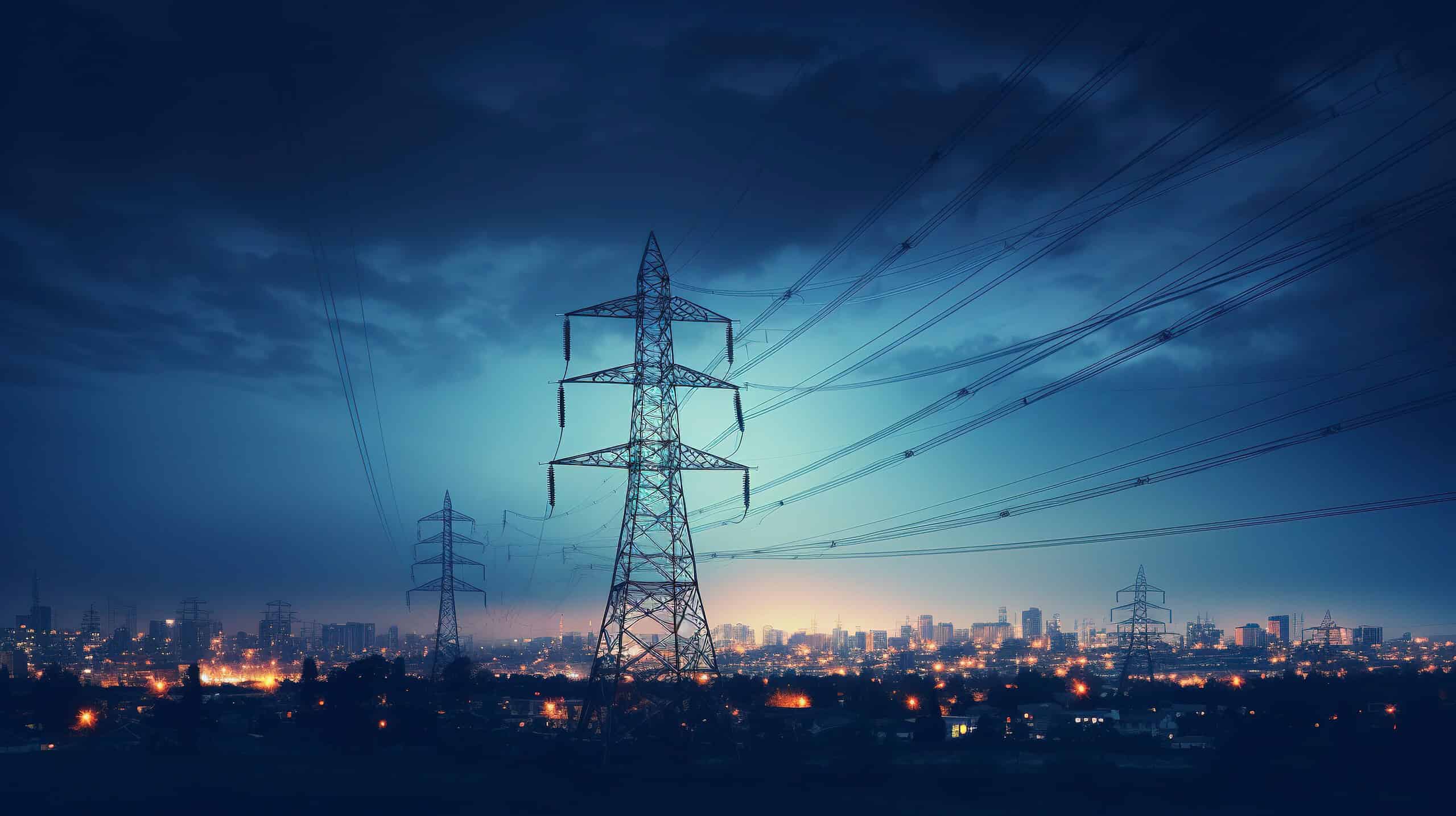 High-voltage power lines and transmission towers stretch across an urban skyline at dusk, with city buildings illuminated by lights under a moody, cloudy sky. Clarisight.com