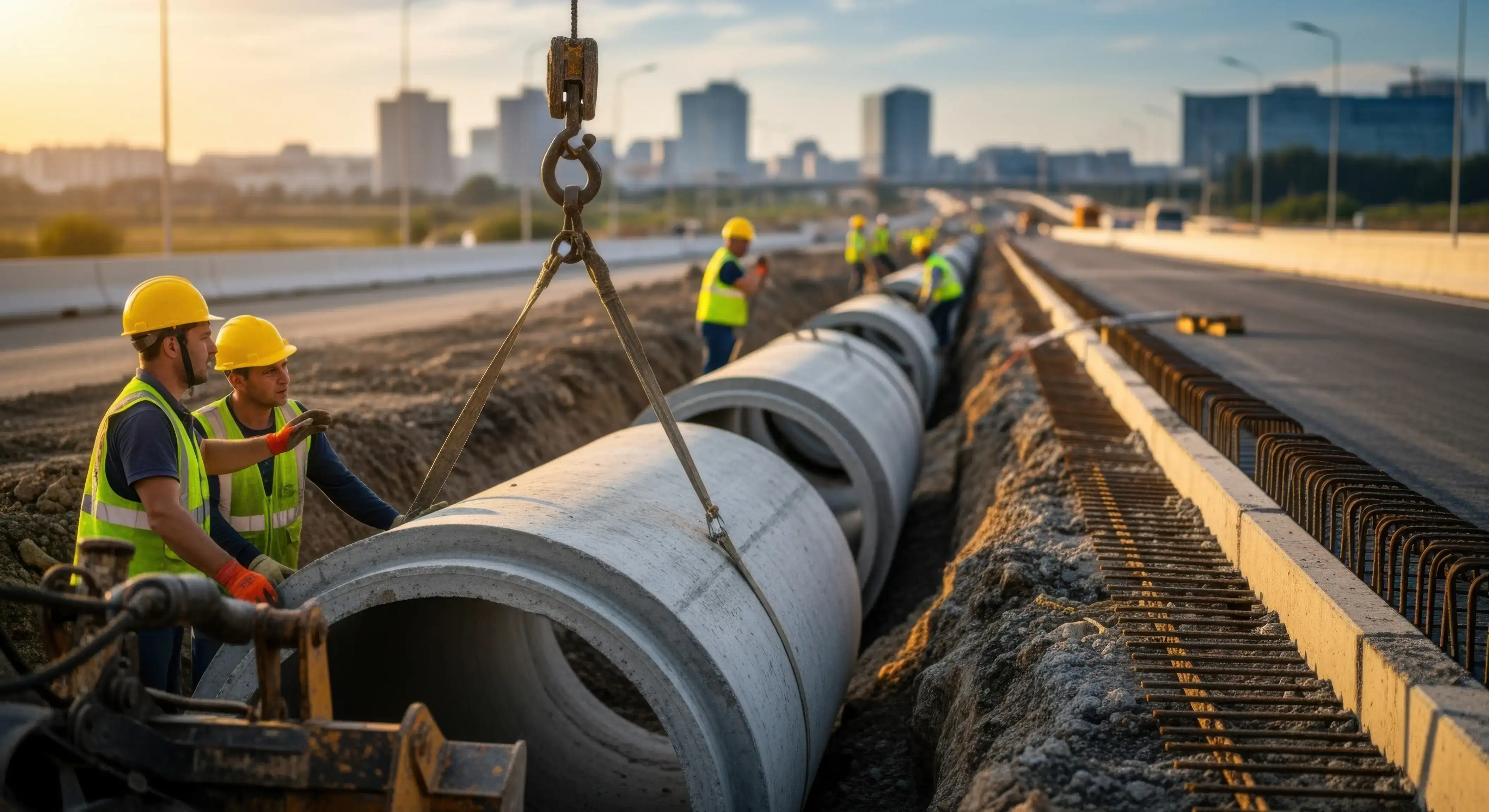 Workers installing large fiber optic pipes on a highway construction site with city skyline in the background.