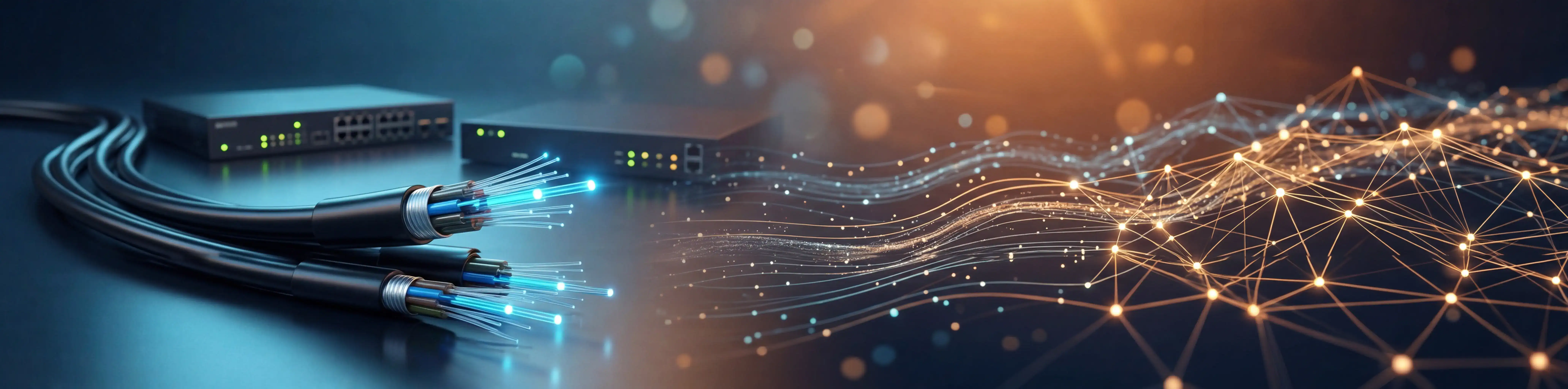 Close-up of fiber optic cables and network switches with digital data visualization, representing advanced fiber network technology.
