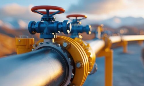 Close-up of industrial pipeline valves and flanges.