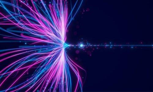 Abstract glowing lines converge at center, creating a vibrant light burst.