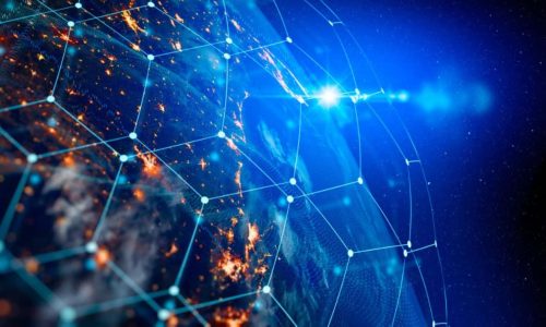 AI-powered data analytics visualization with interconnected digital nodes representing global business insights and technology networks.