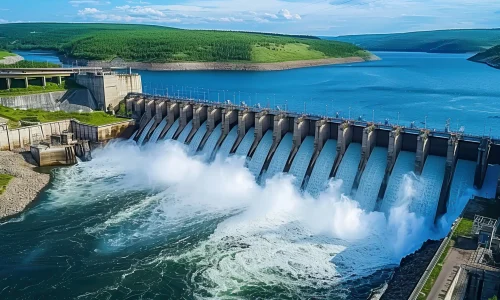 Scenic view of a hydroelectric dam with water flowing over spillways, surrounded by lush green hills and a blue sky, showcasing renewable energy infrastructure.