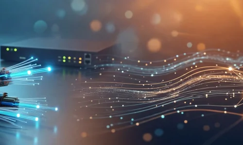 Close-up of fiber optic cables and network switches with digital data visualization, representing advanced fiber network technology.