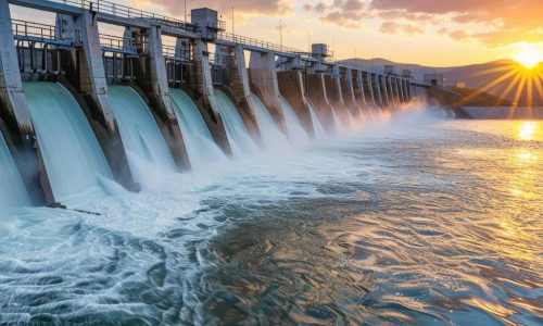Hydropower dam releasing water at sunrise, renewable energy source, sustainable energy production, environmental conservation, Clarisight, water management technology.