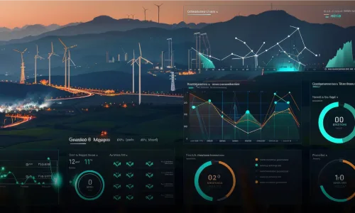 Wind turbines and power grid data visualized on a futuristic dashboard. Renewable energy monitoring.