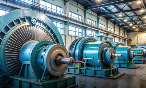 High-tech industrial turbines in a manufacturing facility, showcasing advanced machinery used for power generation and engineering processes.