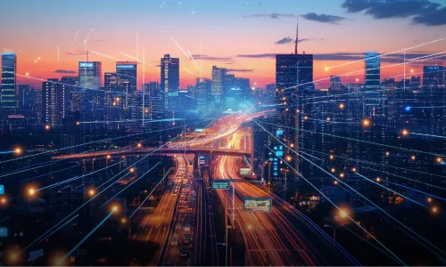 A vibrant cityscape at dusk features illuminated skyscrapers, busy highways, and digital lines and dots overlayed, symbolizing connectivity and smart city technology fueled by a Middle-Mile Broadband initiative. Clarisight.com