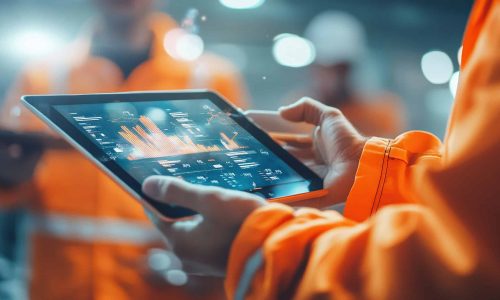 Person in an orange safety jacket holds a tablet displaying data charts and graphs, with other workers wearing similar attire blurred in the background, suggesting an industrial or construction setting. Clarisight.com