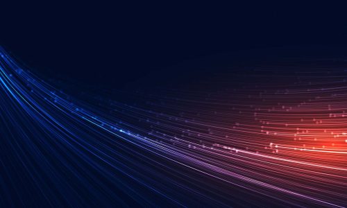 High-tech digital data streams with vibrant blue and red light trails representing advanced analytics and business intelligence solutions.