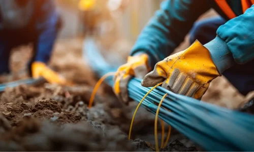 An agricultural worker planting seedlings in rich soil using a blue irrigation pipe, emphasizing sustainable farming practices and crop cultivation.
