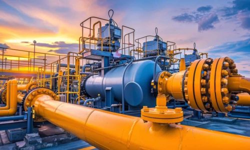 Industrial pipeline infrastructure with large valves and machinery at sunset, showcasing energy and utility operations, optimized for industrial analytics and process monitoring.